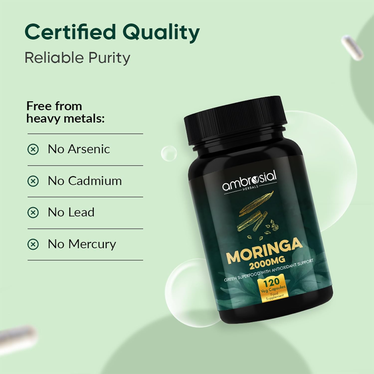 Moringa supplement bottle with certification details on a green background