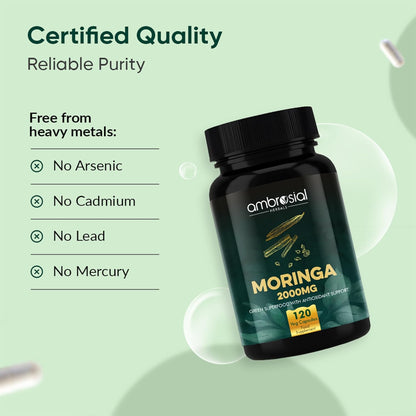 Moringa supplement bottle with certification details on a green background