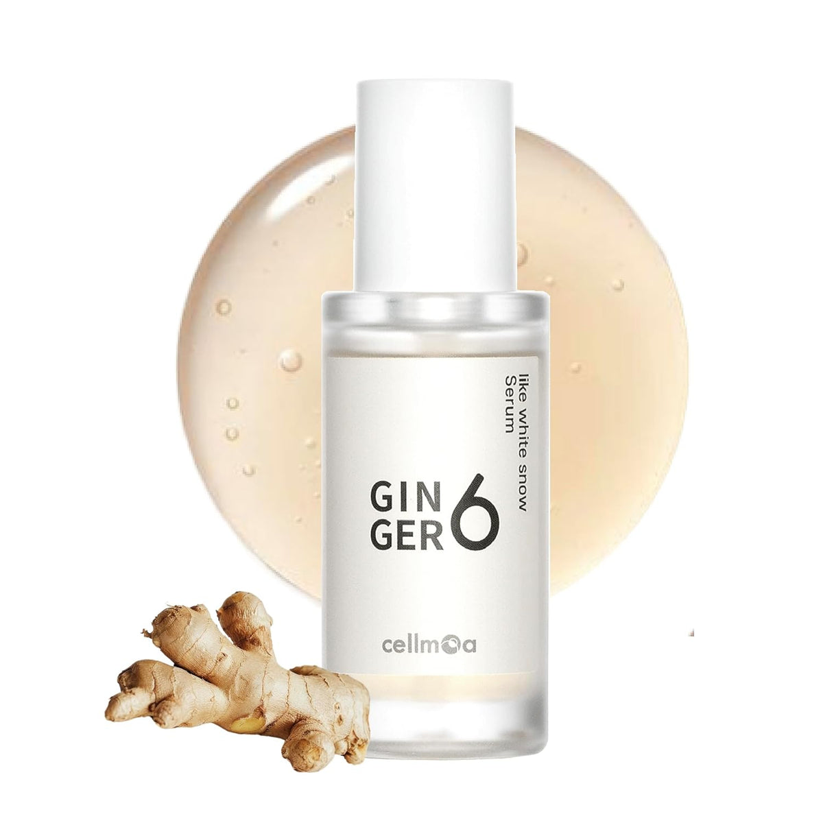 Serum bottle labeled 'Ginger 6' with a piece of ginger on a white background