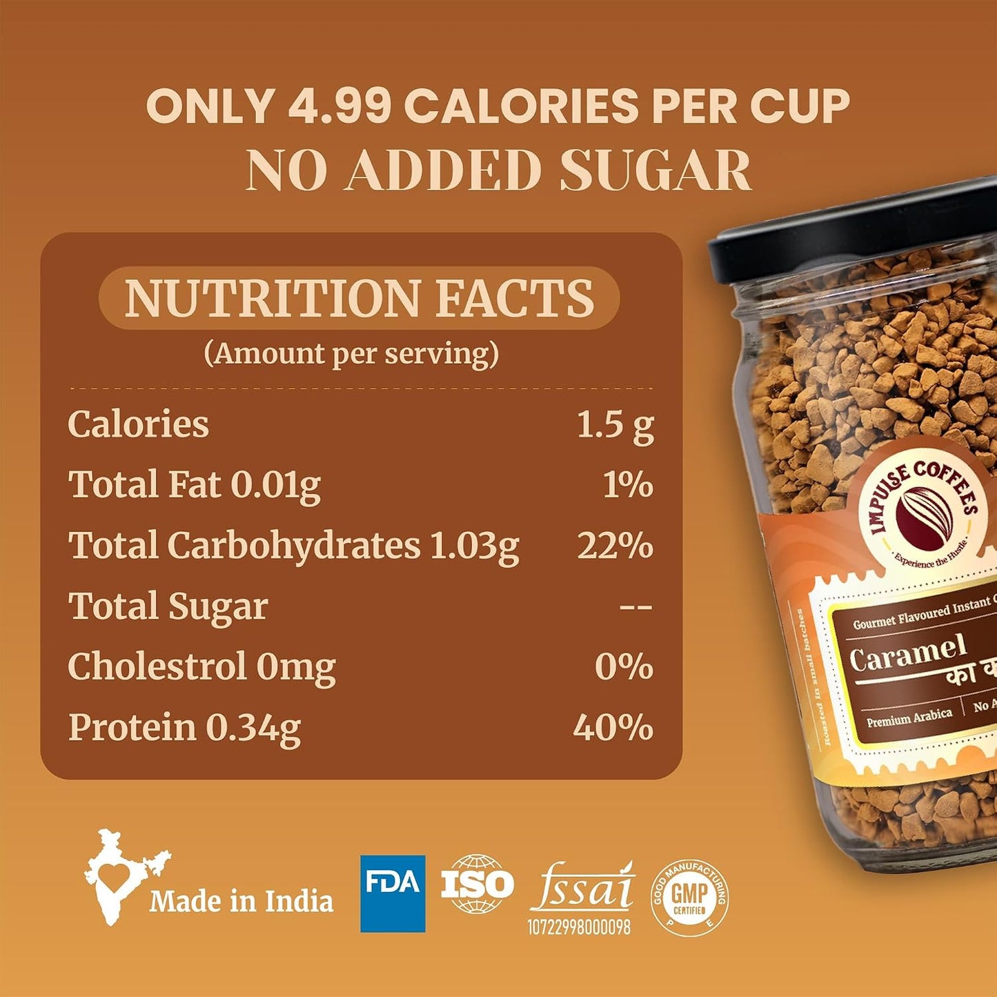 Impulse Coffees - Caramel Flavoured Instant Coffee Powder | Premium Freeze Dried Arabica Caramel Coffee Powder | Smooth Instant Coffee, Hot & Cold, 50g
