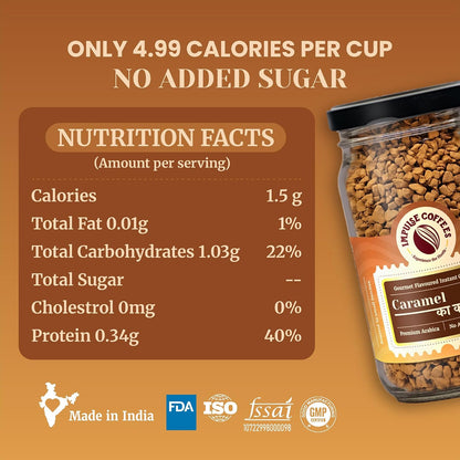 Impulse Coffees - Caramel Flavoured Instant Coffee Powder | Premium Freeze Dried Arabica Caramel Coffee Powder | Smooth Instant Coffee, Hot & Cold, 50g