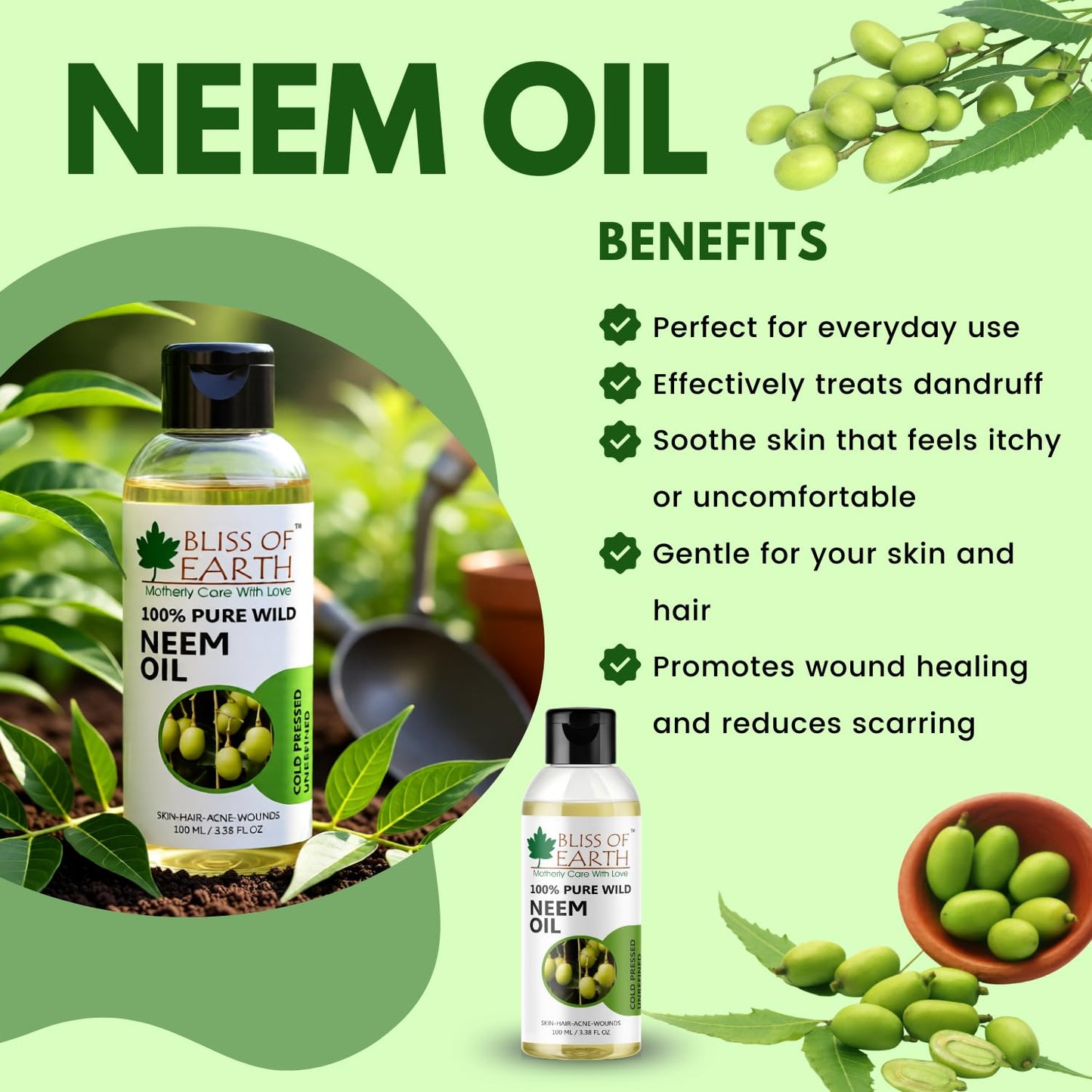 Bliss of Earth Neem Oil 100ml Pure Cold Pressed Natural Neem Oil for Skin, Scalp Care, Hair Dandruff & Hair Growth Support