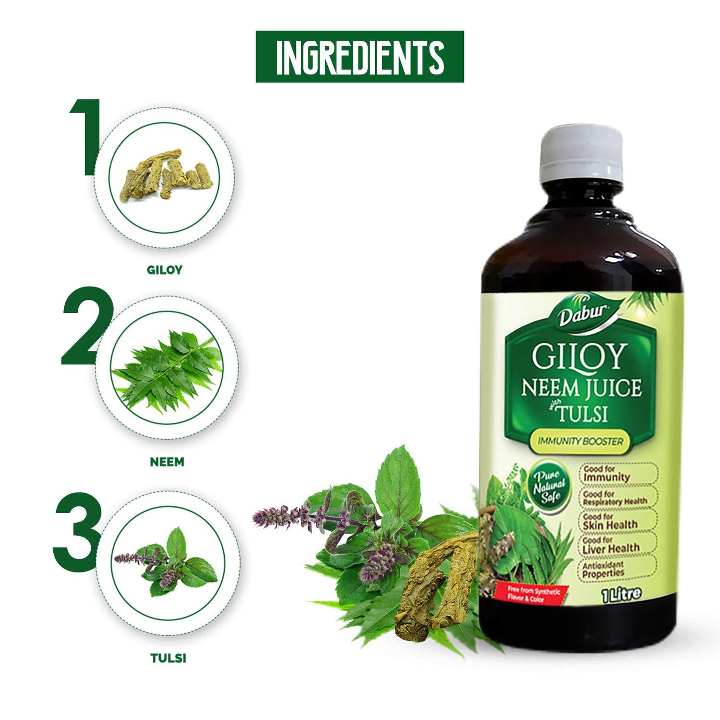 Dabur Giloy Neem Tulsi Juice: Benefit of 3-in-1 Immunity Boosters with the power of Giloy, Neem and Tulsi|Pure, Natural and 100% Ayurvedic Juice -1L