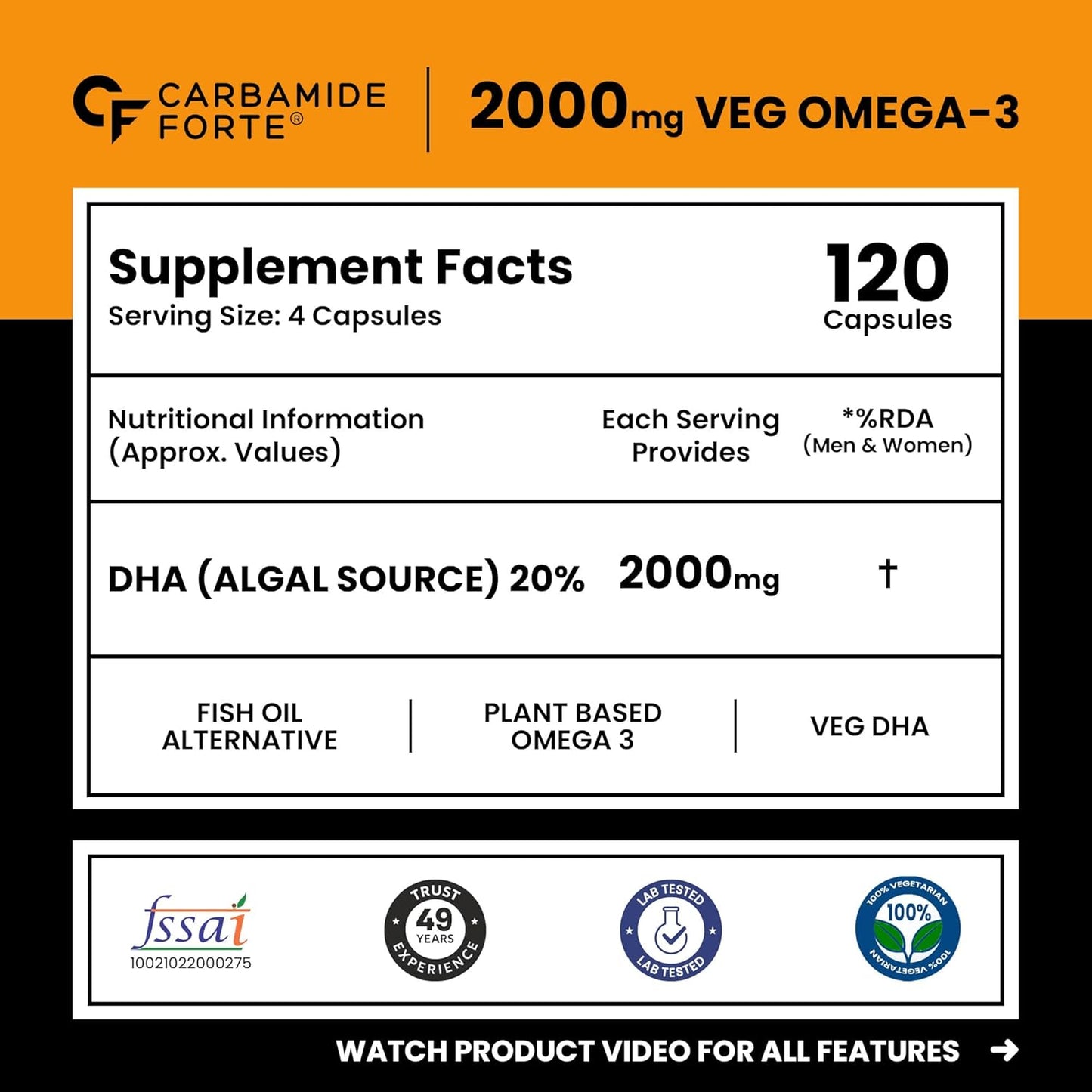 Supplement label for Carbamide Forte 2000mg VEG Omega-3 with serving size, capsules count, and nutritional information.
