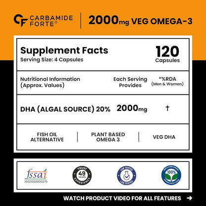 Supplement label for Carbamide Forte 2000mg VEG Omega-3 with serving size, capsules count, and nutritional information.