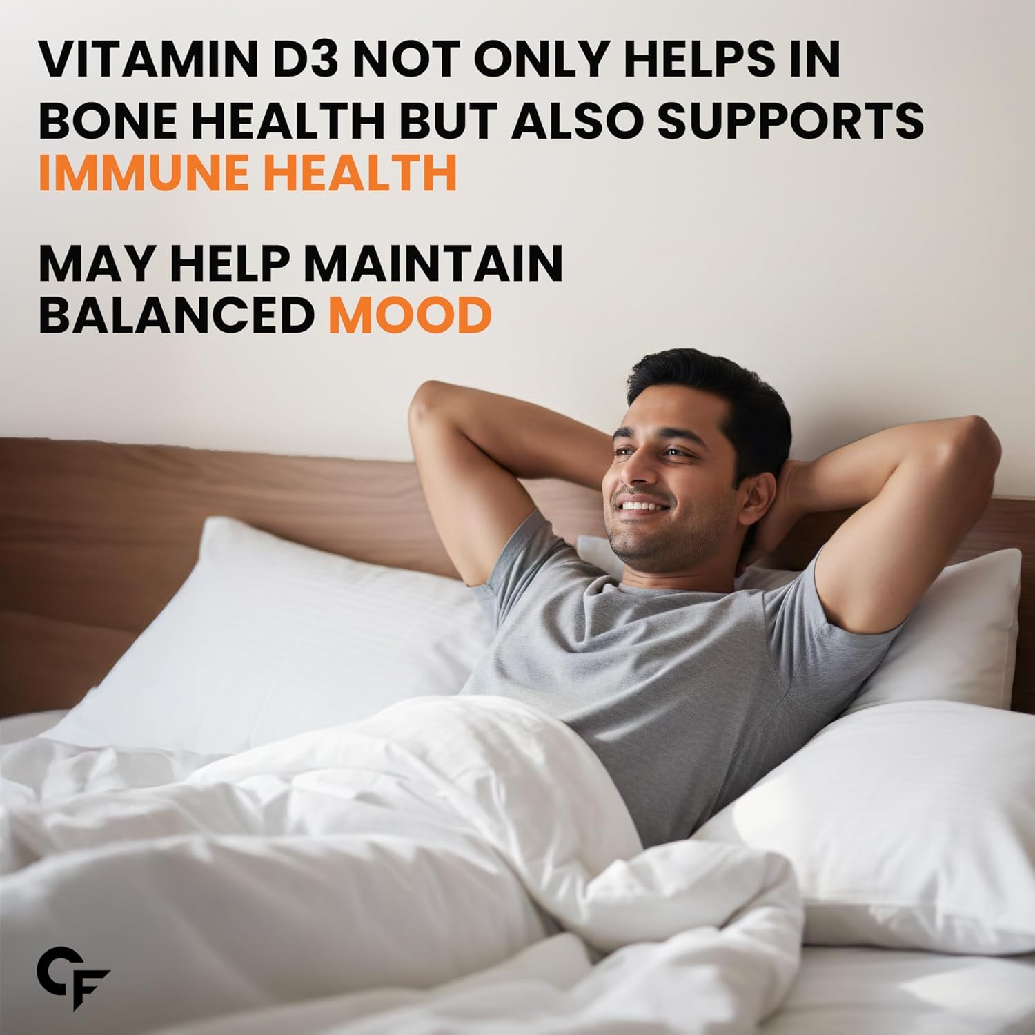 Man lying in bed with text about Vitamin D3 benefits