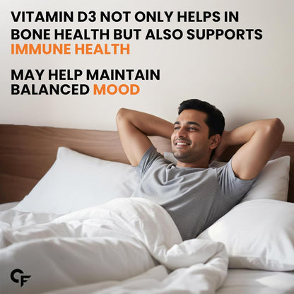 Man lying in bed with text about Vitamin D3 benefits