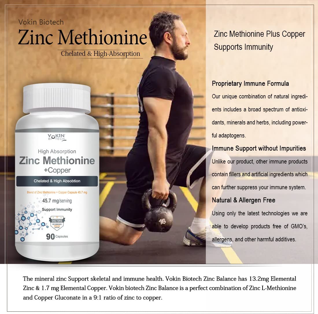 Vokin Biotech Zinc Methionine supplement bottle with a man lifting weights in the background