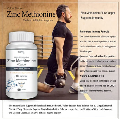 Vokin Biotech Zinc Methionine supplement bottle with a man lifting weights in the background