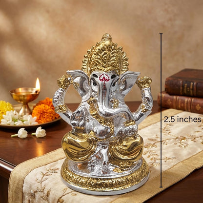 Gold Plated Ganesh Idol | Ganpati Murti for Car Dashboard, Office Desk, Hindu God Gift & Home Decor - Resin (Silver - 2.5 in)