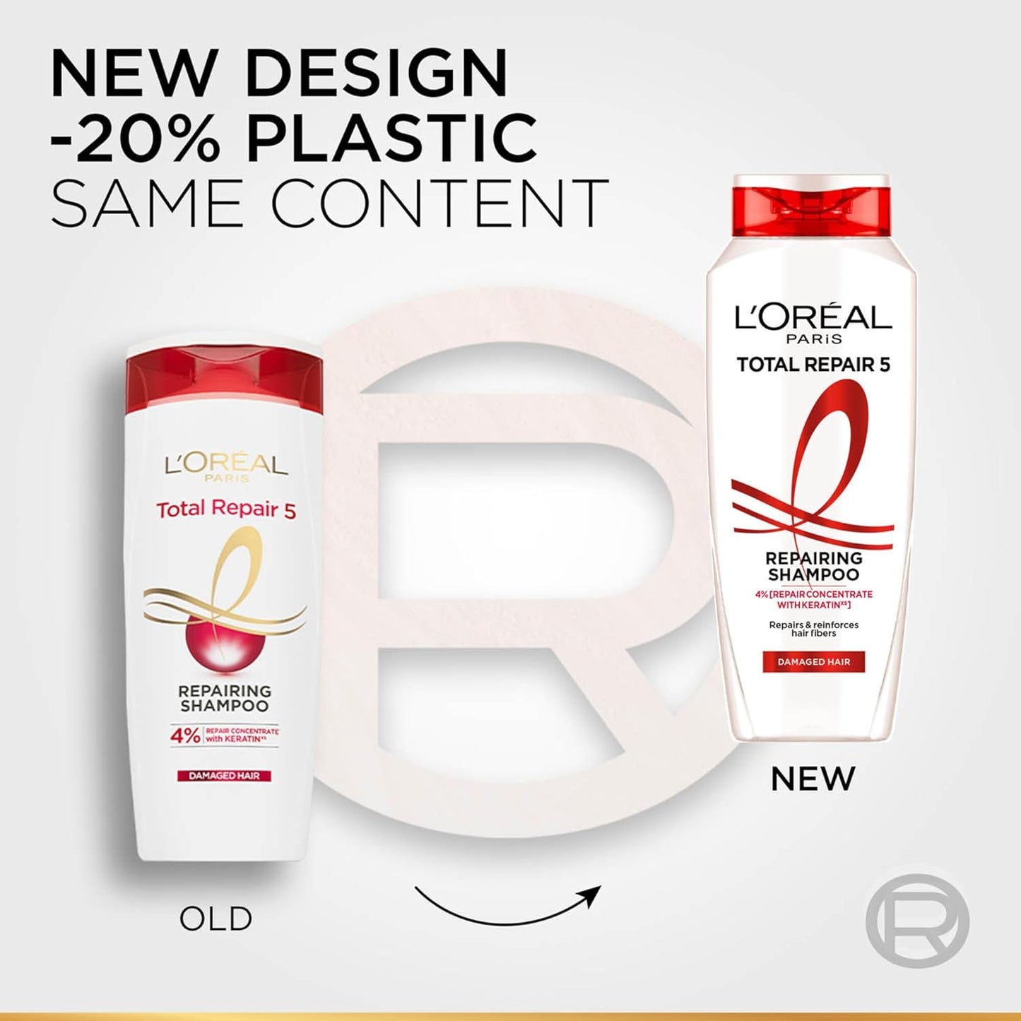 L'Oreal Total Repair 5 shampoo bottles with new and old design comparison on a white background.
