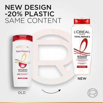 L'Oreal Total Repair 5 shampoo bottles with new and old design comparison on a white background.