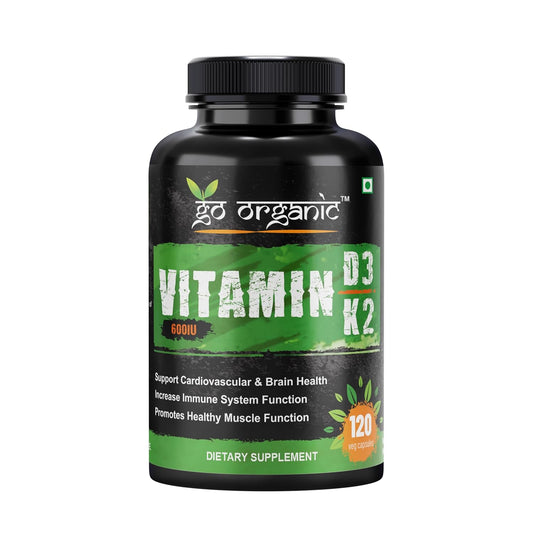 Go Organic Plant-Based Vitamin D3 600 IU with K2 as MK-7 Supplement, Sustainably Sourced Vegan Lichen Extract for Bone and Immune Support, 120 Veg Capsules