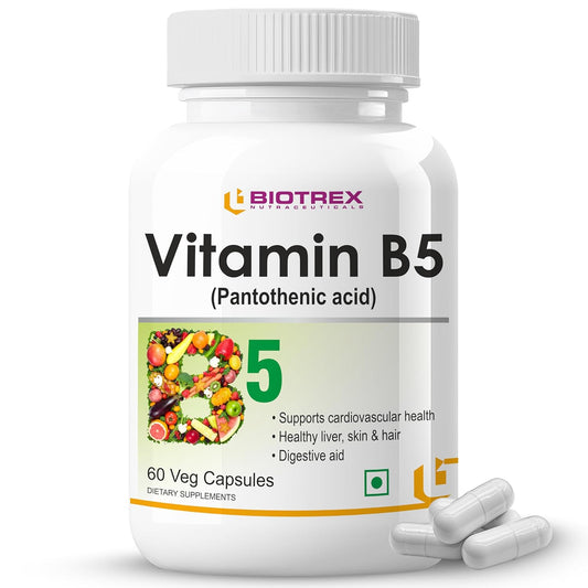 Biotrex Nutraceuticals Vitamin B5 (Pantothenic acid) Supplement | Daily 100% RDA | Energy & Metabolism | Nerve Health | Healthy Cholesterol Levels | Hair, Skin & Nails | Lab Tested | 60 Veg Capsules