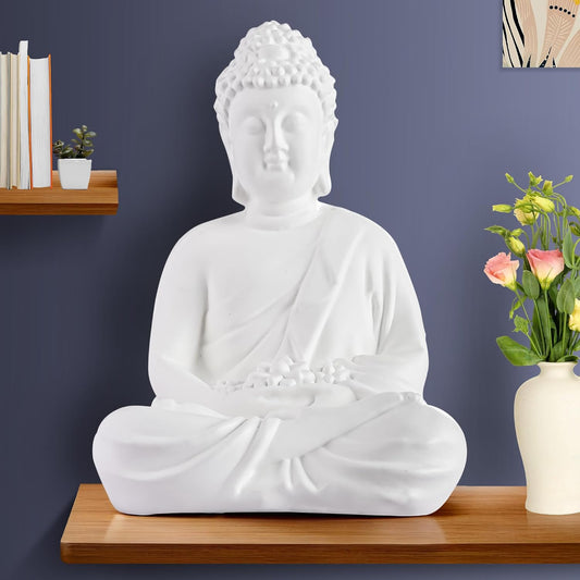 12 Inch Poly Fiber Lord Buddha Idols for Home Decor | Meditating White Buddha Statue/Murti/Showpiece Gift Item for Living Room and Office Decor | White Fresh