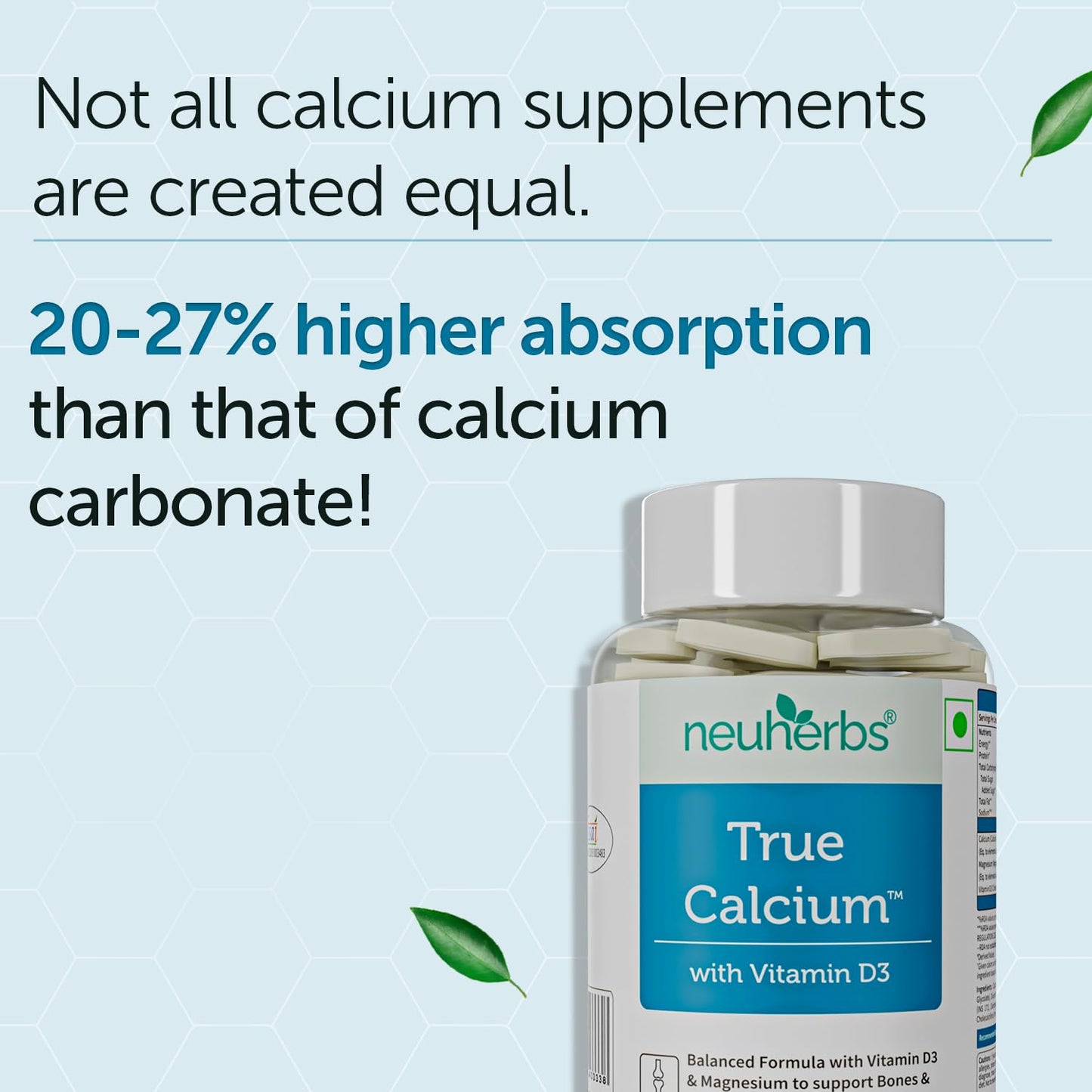 Neuherbs Calcium - 60 Tablets | True Calcium Supplement 1000mg For Men & Women | With Vitamin D3 & Magnesium | Support Bone, Joint & Muscle Health