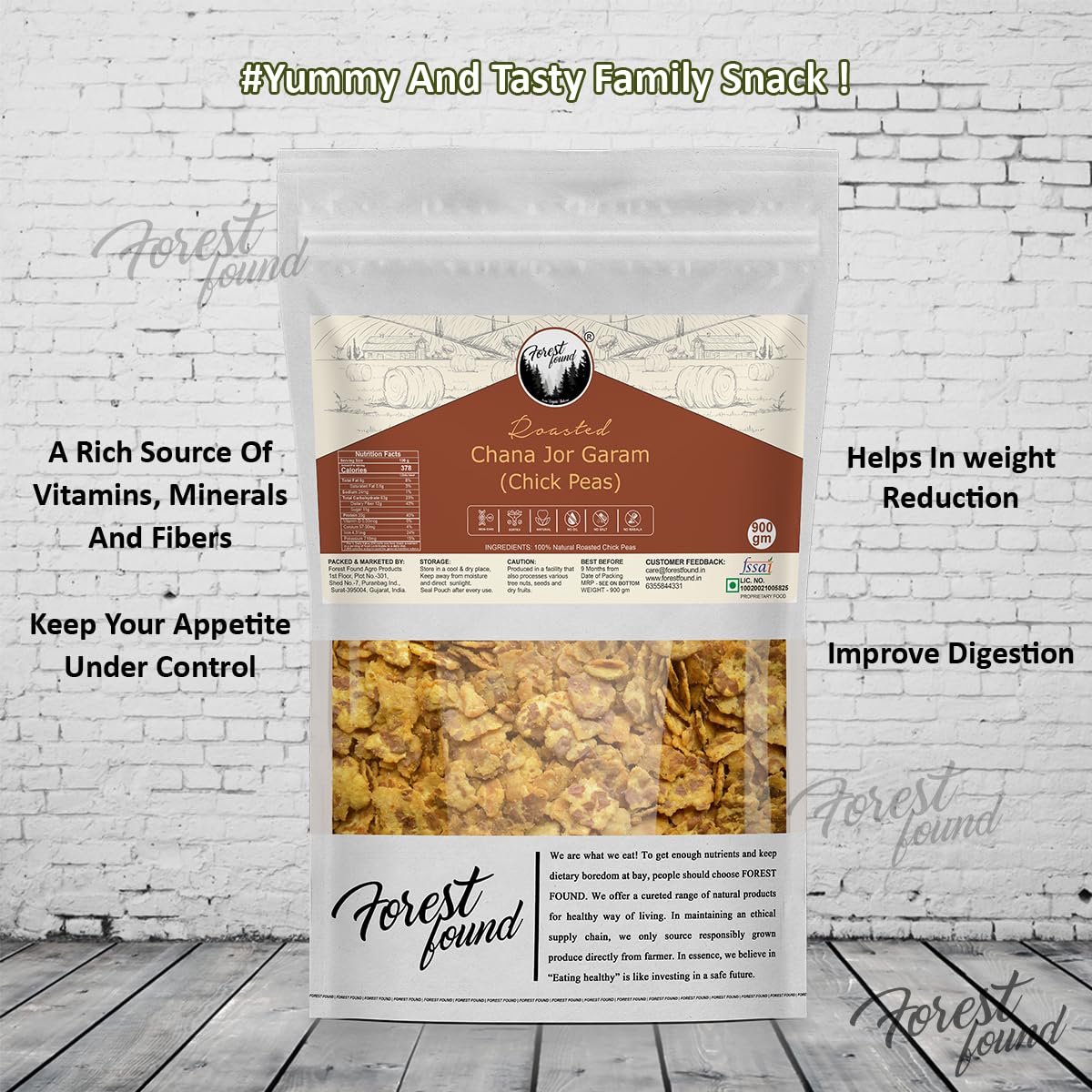 Forest Found Black Chana Jor Garam | Vacuum Roasted Gluten Free & Low Fat Healthy Snacks | No Salt No Masala Diet Namkeen Vegan Protein Roasted Bengal Gram - 900g (Pack of 1)