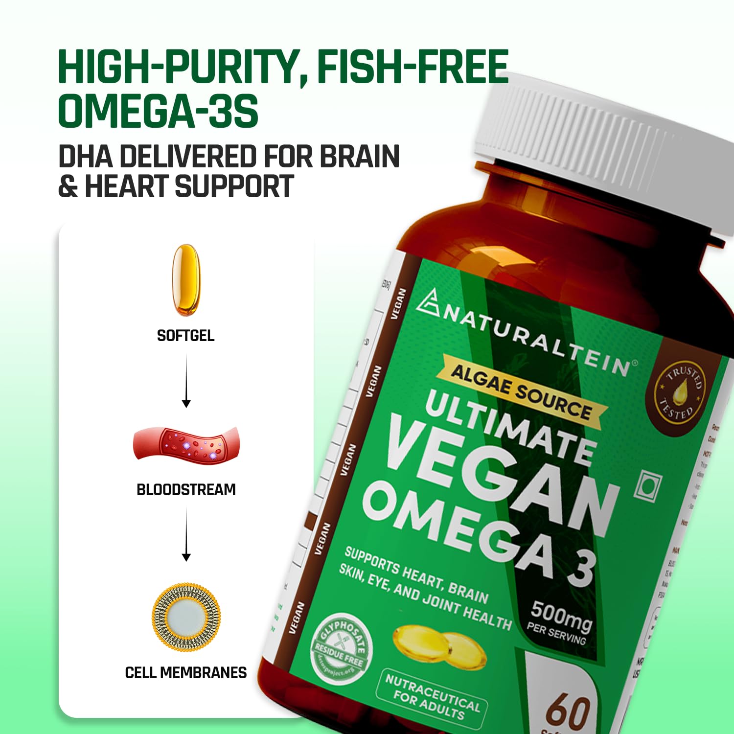 Vegan Omega 3 supplement bottle with text highlighting benefits on a green background