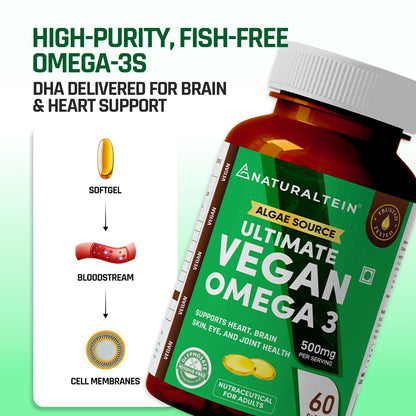 Vegan Omega 3 supplement bottle with text highlighting benefits on a green background