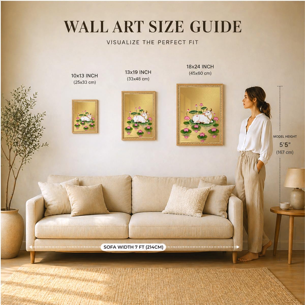 Pichwai Radha Krishna Nandi Cow Gold Wall Art Painting | Set of 2 Framed Paintings | Traditional Indian Decor for Living Room Pooja Room Bedroom | (ART 8, 13x19 INCHES)