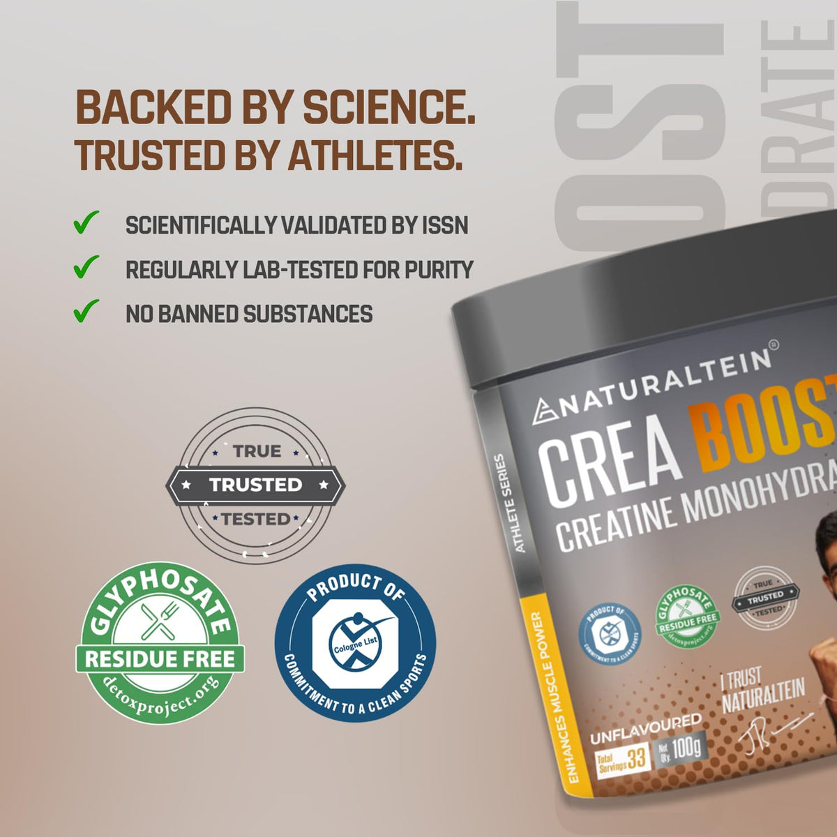 Naturaltein Crea Boost supplement container with certification logos on a beige background