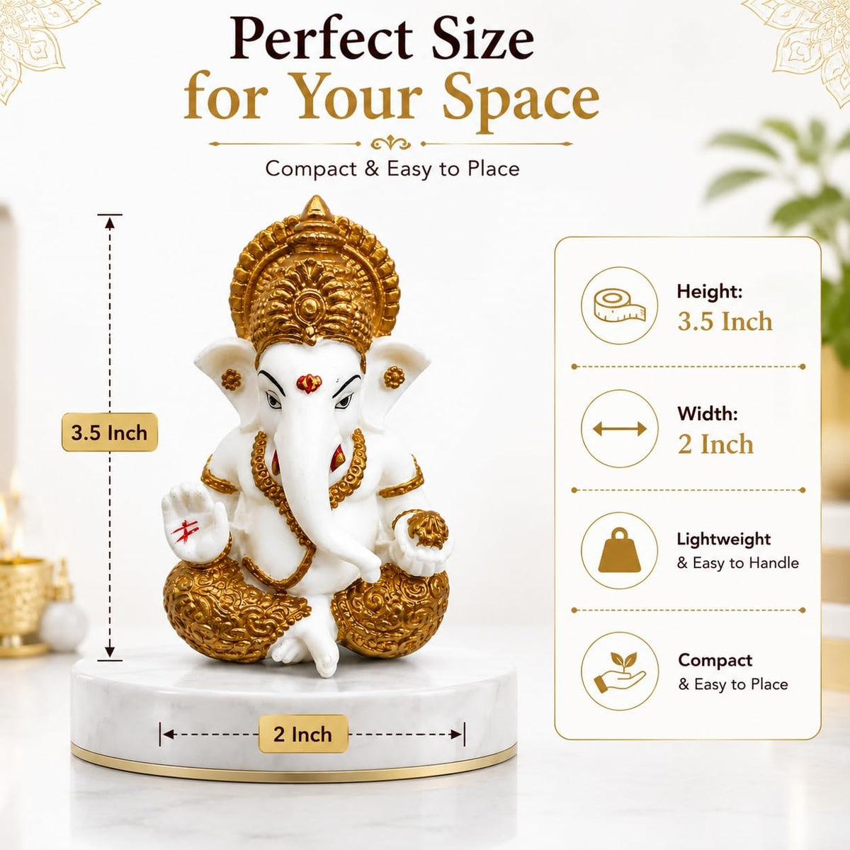 White & Gold Ganesha Idol for Home Decor, Ganpati Bappa Murti for Puja Room, Lord Ganesh Statue for Car Dashboard & Office Desk, Decorative Hindu God Showpiece, 3.3 Inch