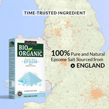 Bio Organic Epsom Salt packaging with a map of England indicating the source of the product.