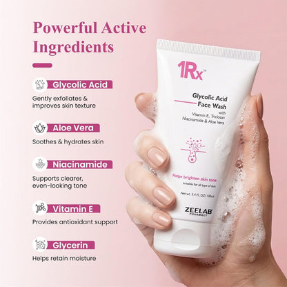 Hand holding a tube of 1RX Glycolic Acid Face Wash with product details on a pink background
