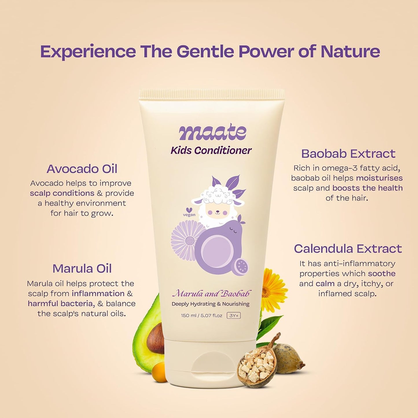 Maate Marula & Baobab Kids Conditioner 150 ml | For Curly & Frizzy Hair | Naturally Nourishes and Hydrates Hair | Enriched With Coconut & Olive Oil | Vegan | Tangle-Free | For Kid 3 Years and Older