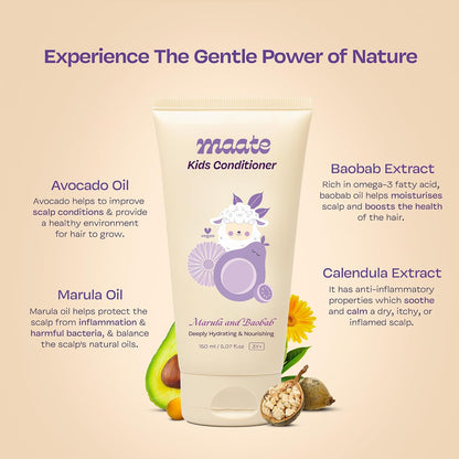 Maate Marula & Baobab Kids Conditioner 150 ml | For Curly & Frizzy Hair | Naturally Nourishes and Hydrates Hair | Enriched With Coconut & Olive Oil | Vegan | Tangle-Free | For Kid 3 Years and Older