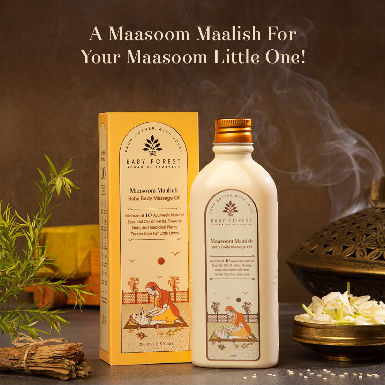 Baby Forest Maasoom Maalish oil bottle and packaging with decorative elements on a dark background