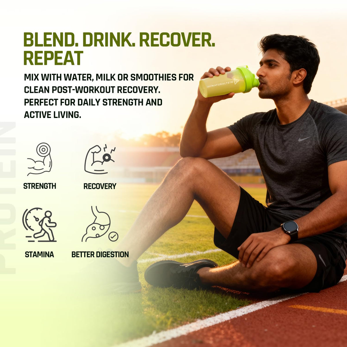 Man drinking from a sports bottle with text about post-workout recovery on a track background