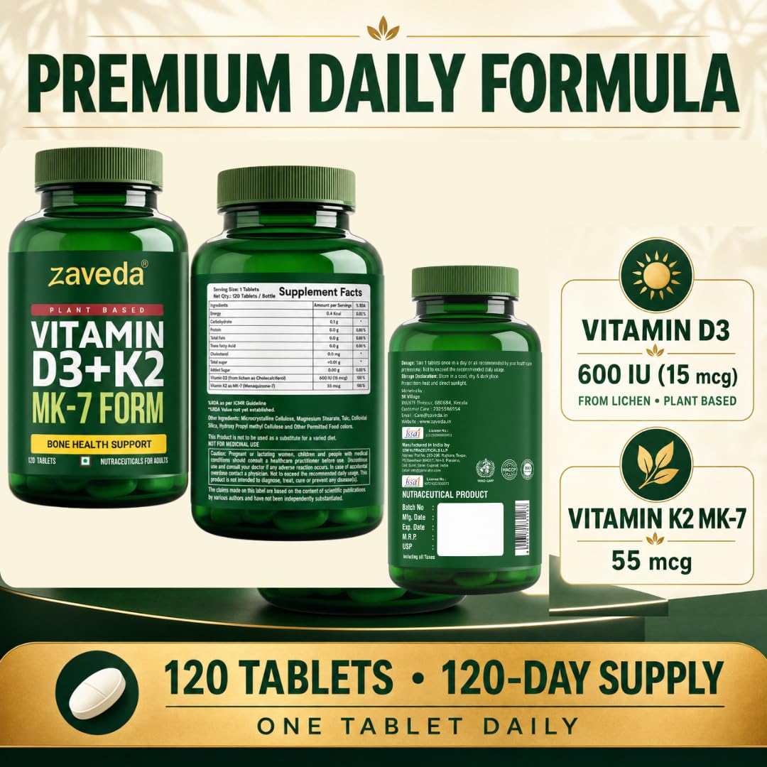Zaveda Vitamin D3 K2 Supplement, 120 Veg Tablets Plant-Based D3 600 IU + K2 MK7, Supports Bone Strength, Calcium Absorption & Heart Health, Premium Daily Wellness