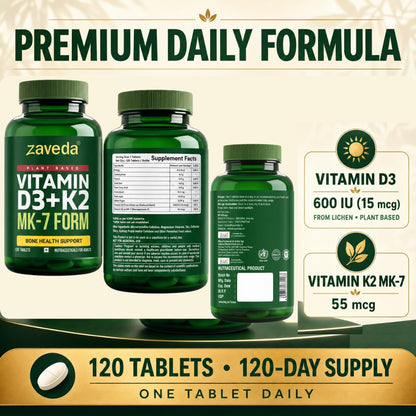 Zaveda Vitamin D3 K2 Supplement, 120 Veg Tablets Plant-Based D3 600 IU + K2 MK7, Supports Bone Strength, Calcium Absorption & Heart Health, Premium Daily Wellness