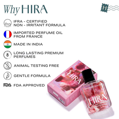 HIRA perfume bottle and packaging with certification details on a white background
