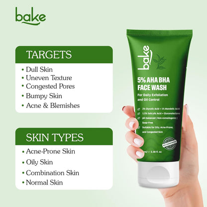 BAKE 5% AHA BHA Face Wash with 1.5% Salicylic Acid, 2% Glycolic Acid & 1% Mandelic Acid for Open Pores, Acne & Dark Spots | For Oily Acne Prone Skin | Daily Exfoliation & Oil Control - 100ml