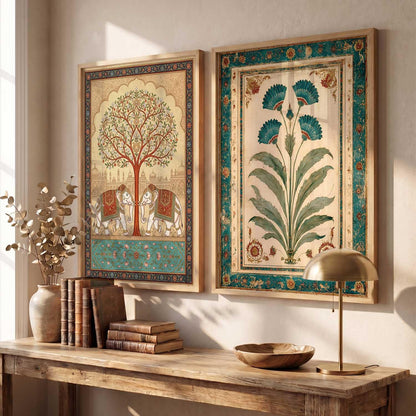 Indian Traditional Madhubani Art Wall Painting Home Decoration With Frame For Living Room Bed Room Hotel Wall Decor Digital Reprint Engineered Wood Set of 2 (13X17 inch)