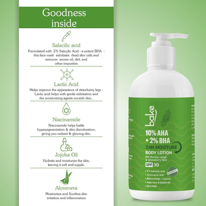 BAKE 10% AHA + 2% BHA Body Lotion SPF 30 PA+++ for Strawberry, Rough & Bumpy Skin | Lactic Acid & Niacinamide | 200ml