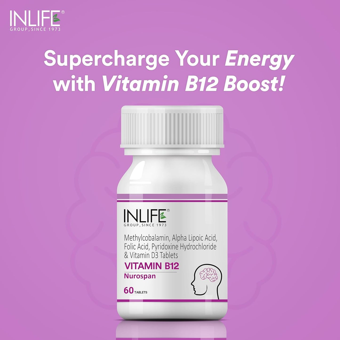 INLIFE Vitamin B12 (Methylcobalamin) 1500mcg Supplement with ALA, Folic Acid, Vitamin D3 | Nerve and Brain Health for Men & Women – 60 Tablets(Pack Of 1, 60)