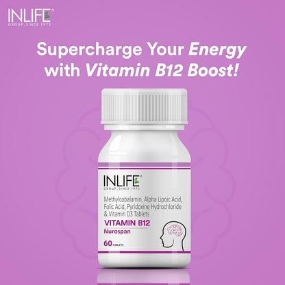 INLIFE Vitamin B12 (Methylcobalamin) 1500mcg Supplement with ALA, Folic Acid, Vitamin D3 | Nerve and Brain Health for Men & Women – 60 Tablets(Pack Of 1, 60)