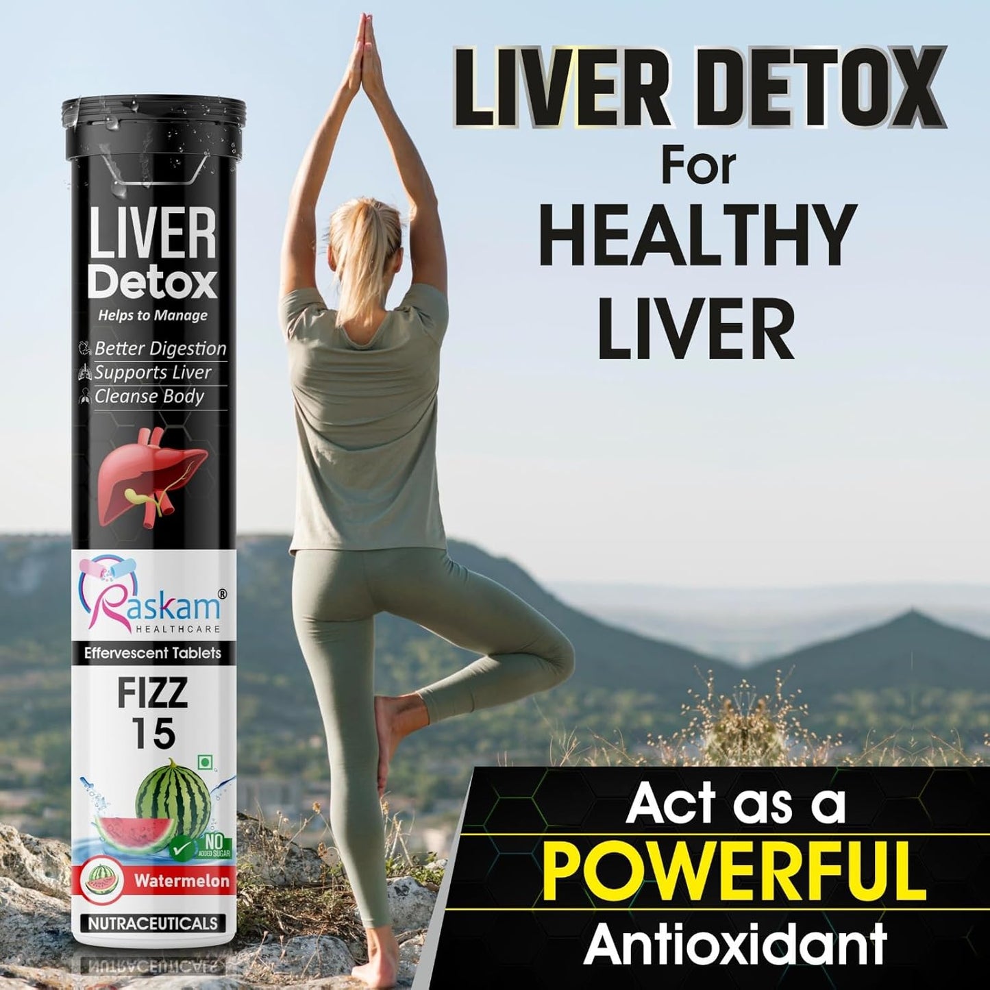 Liver detox supplement with a person doing yoga in the background