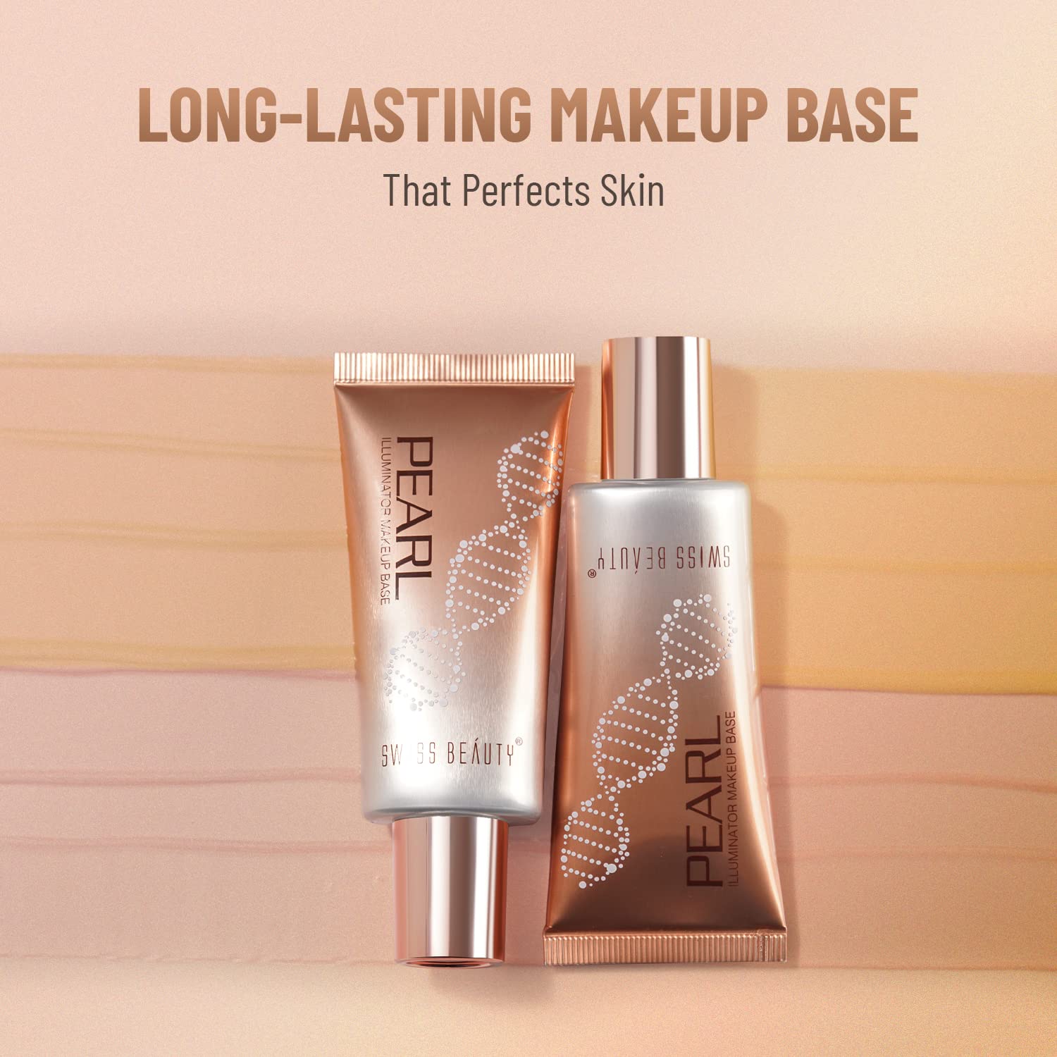 Two skincare products with 'Pearl Swiss Beauty' branding on a beige background.