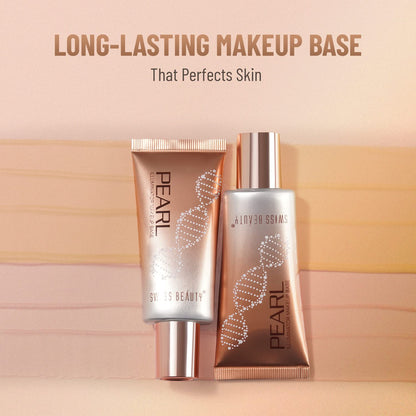 Two skincare products with 'Pearl Swiss Beauty' branding on a beige background.