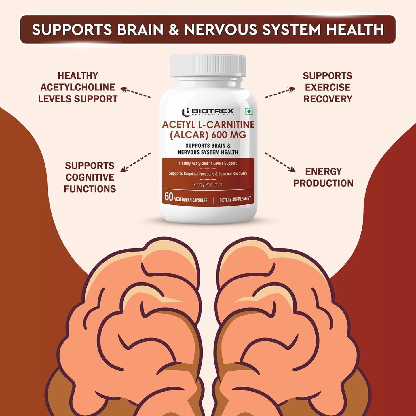 Biotrex Nutraceuticals Acetyl L-Carnitine (ALCAR) 600mg | Nervous System, Cognitive Function & Mitochondrial Metabolism | Energy Production - 60 Veg Capsules