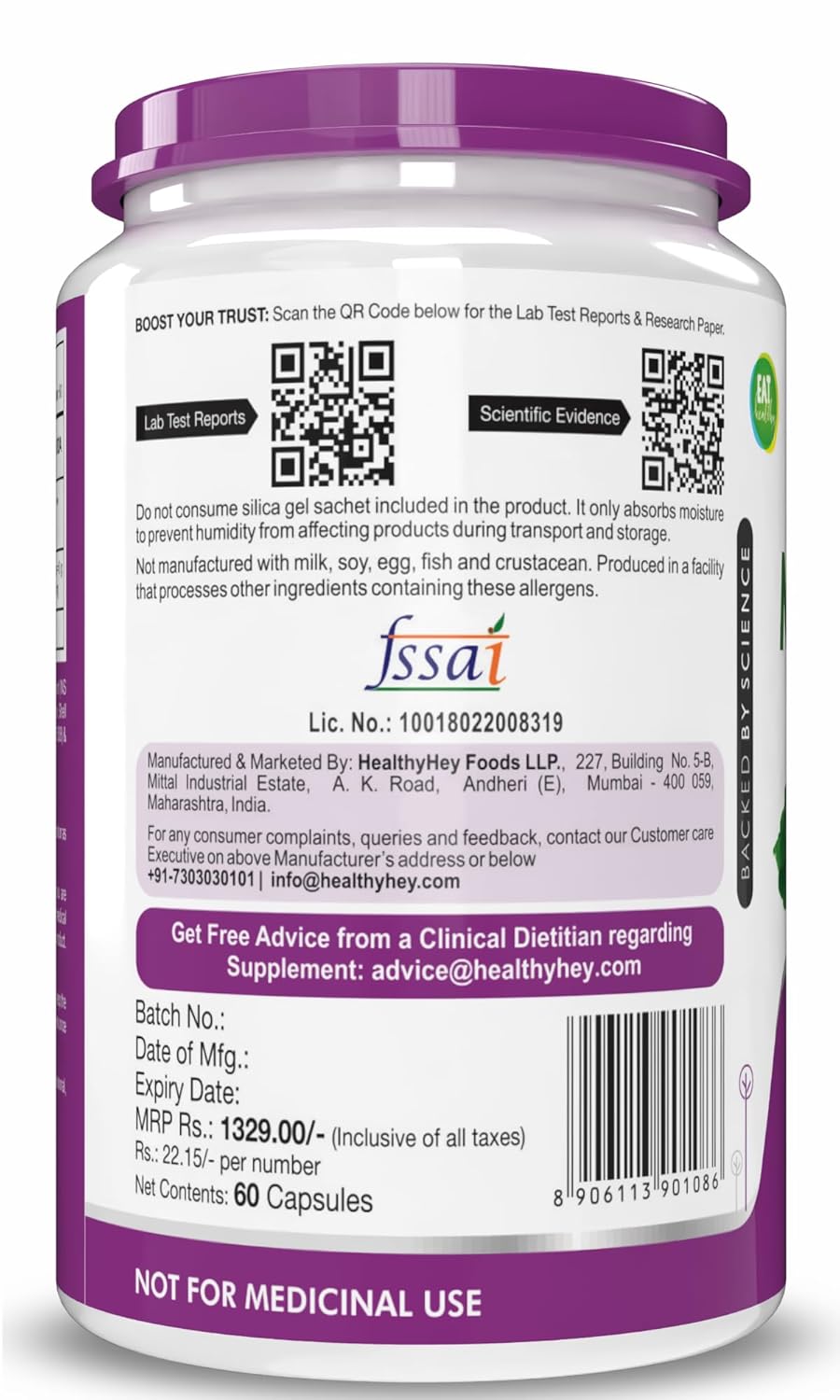 Supplement container with purple label and text on a white background