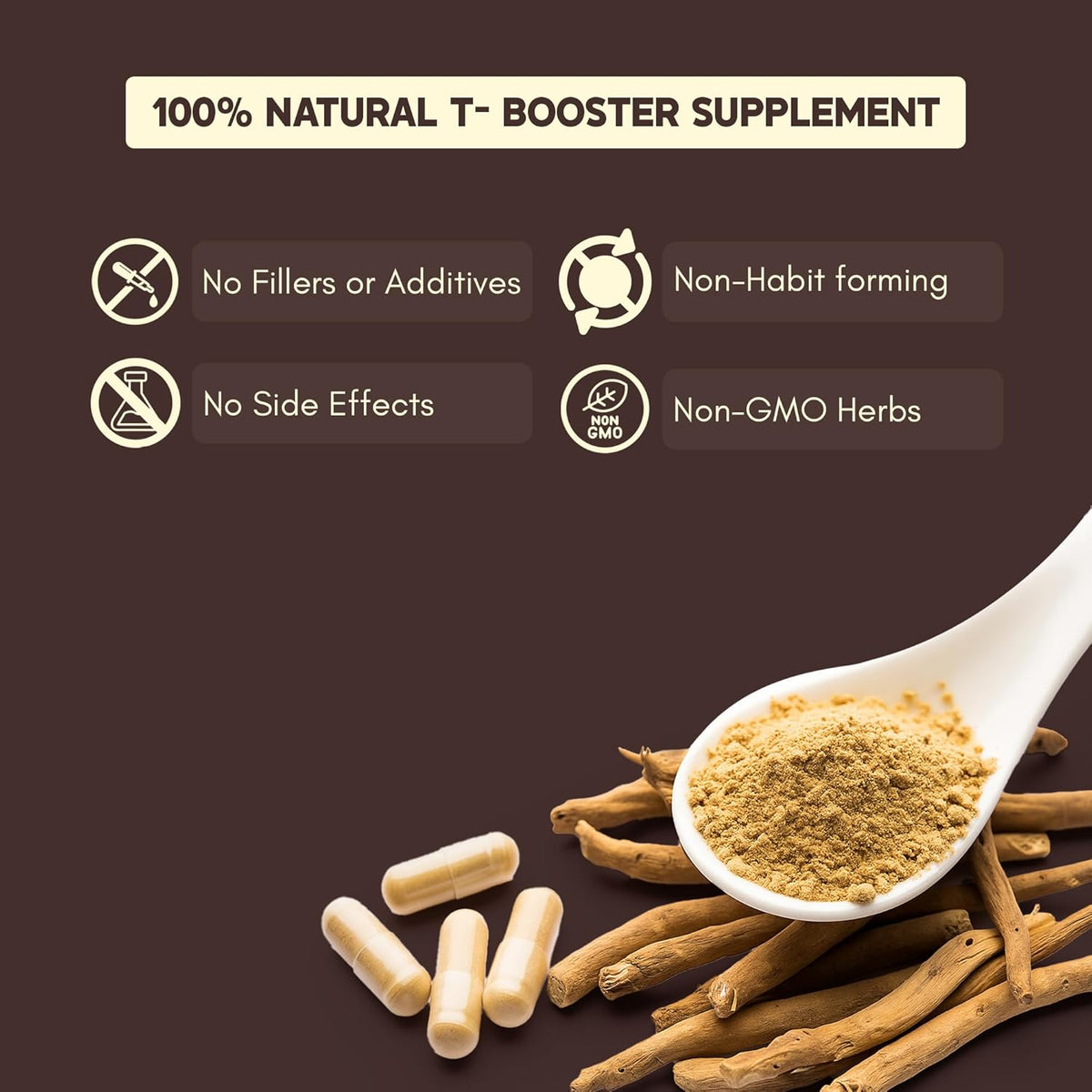 Supplement with capsules, roots, and a spoonful of powder on a brown background with text about natural T-booster supplement.