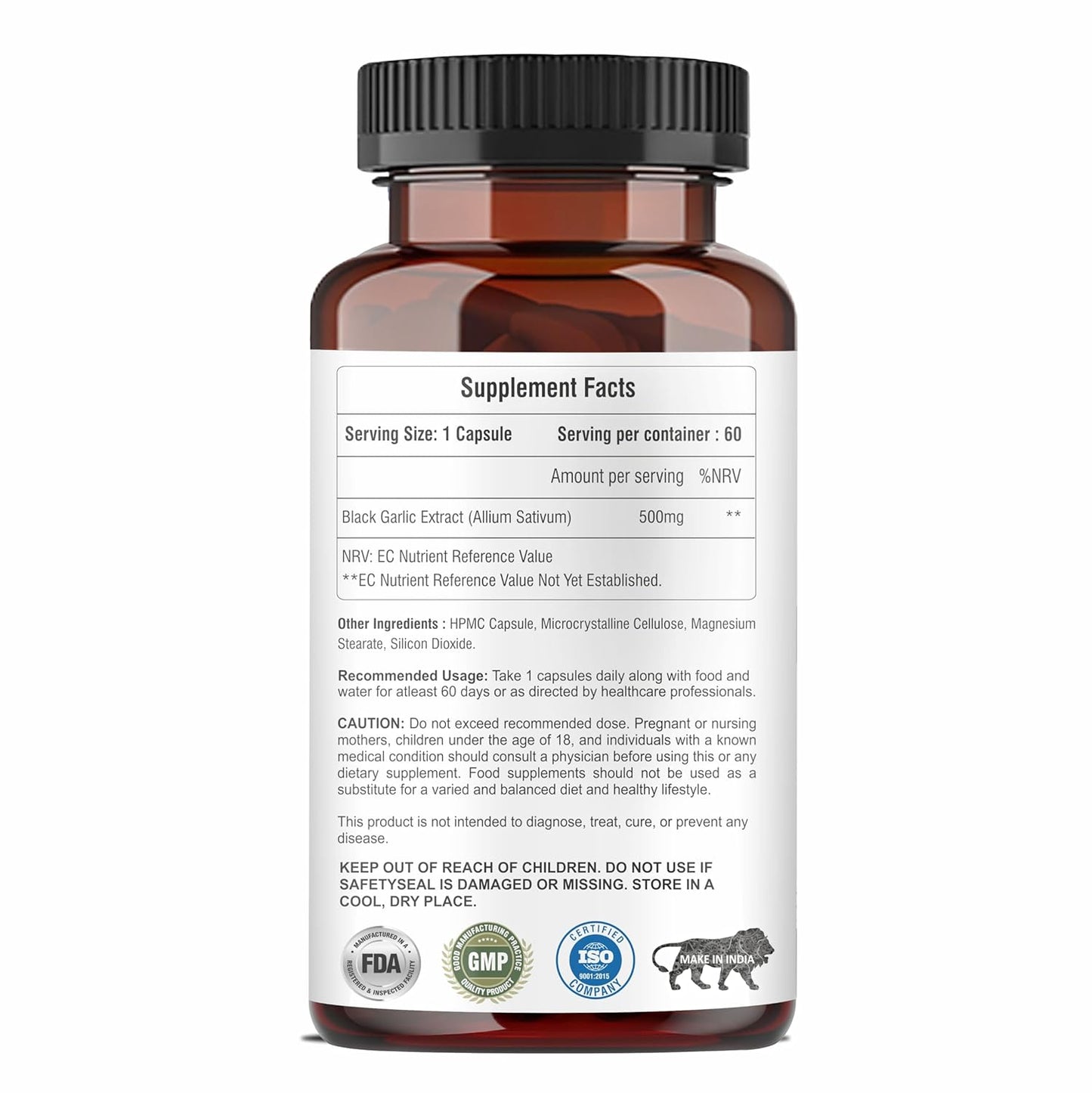 Brown supplement bottle with label on a white background
