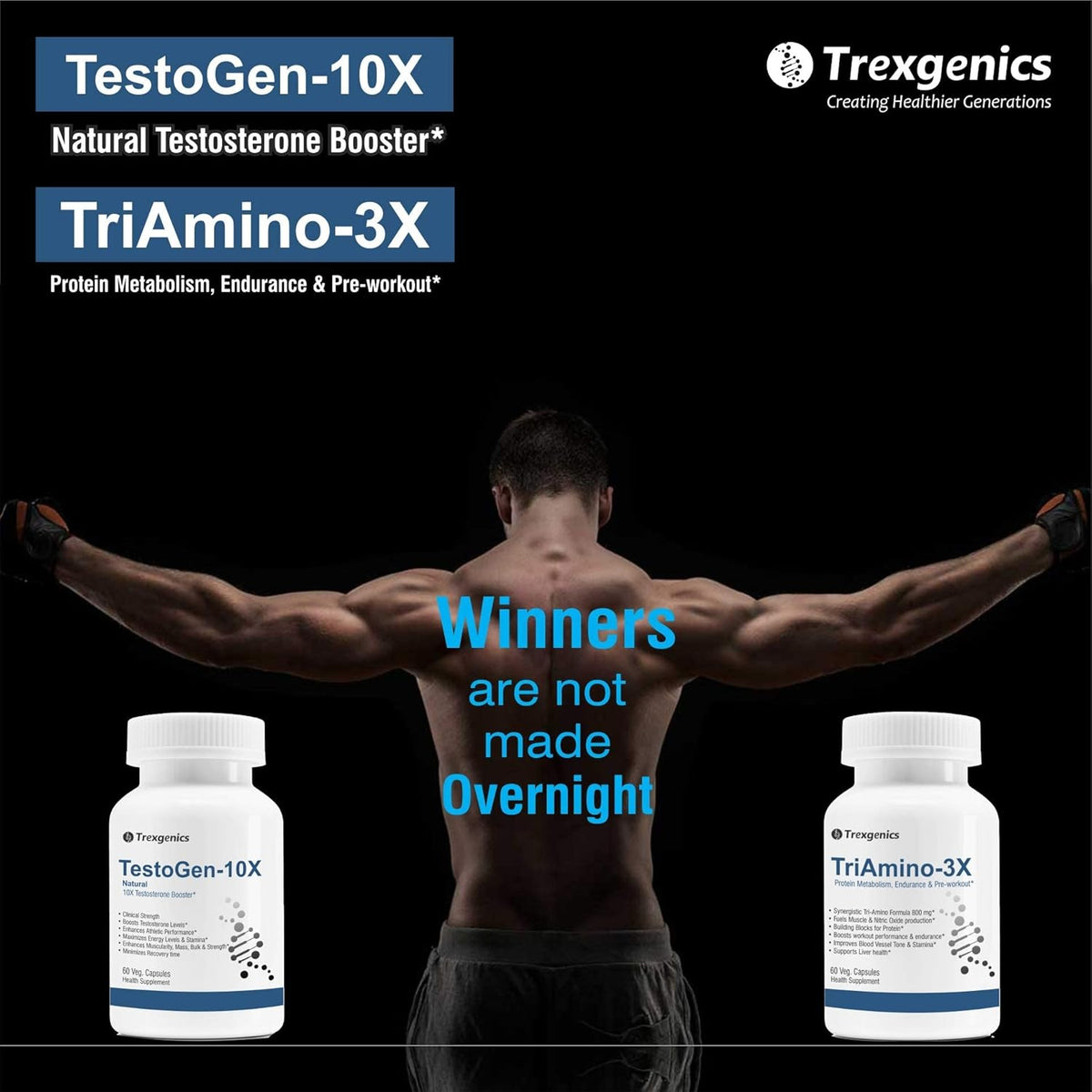 Advertisement for Trexgenics TestoGen-10X and TriAmino-3X supplements with a muscular person and text on a black background.