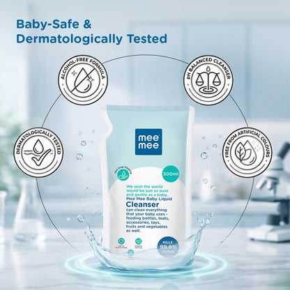 Mee Mee Liquid Cleanser 500 ml | Anti-Bacterial Formula Kills 99.9% Germs | For Bottles, Nipples, Accessories, Toys, Fruits & Vegetables | Alcohol-Free, One-Drop Cleaning, Dermatologically Tested