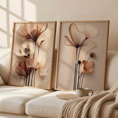2 Piece Framed Wall Art Set, 3D Textured Floral Botanical Painting, Modern Abstract Flower Wall Decor for Living Room Bedroom Dining Room Office, Ready to Hang, Ideal for Housewarming Gift (design 2, 13X19, Brown)